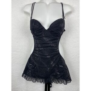 Jezebel Black Glitter Mesh Babydoll Lingerie Underwire Chemise Medium 02-1308
